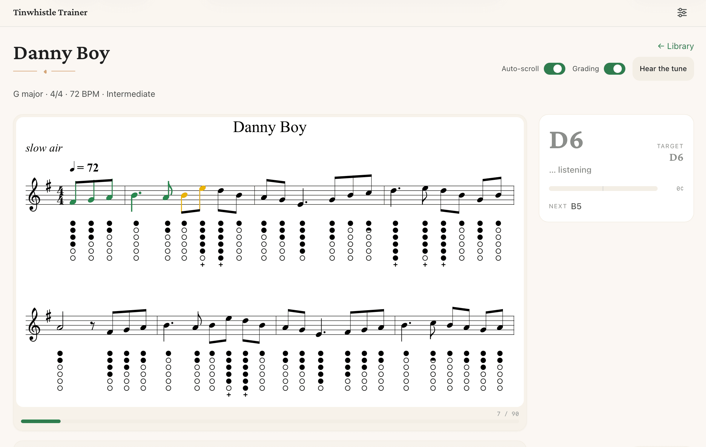 Tin Whistle Trainer showing sheet music for Danny Boy mid-run — green and yellow notes, whistle fingering diagrams, and the live pitch panel